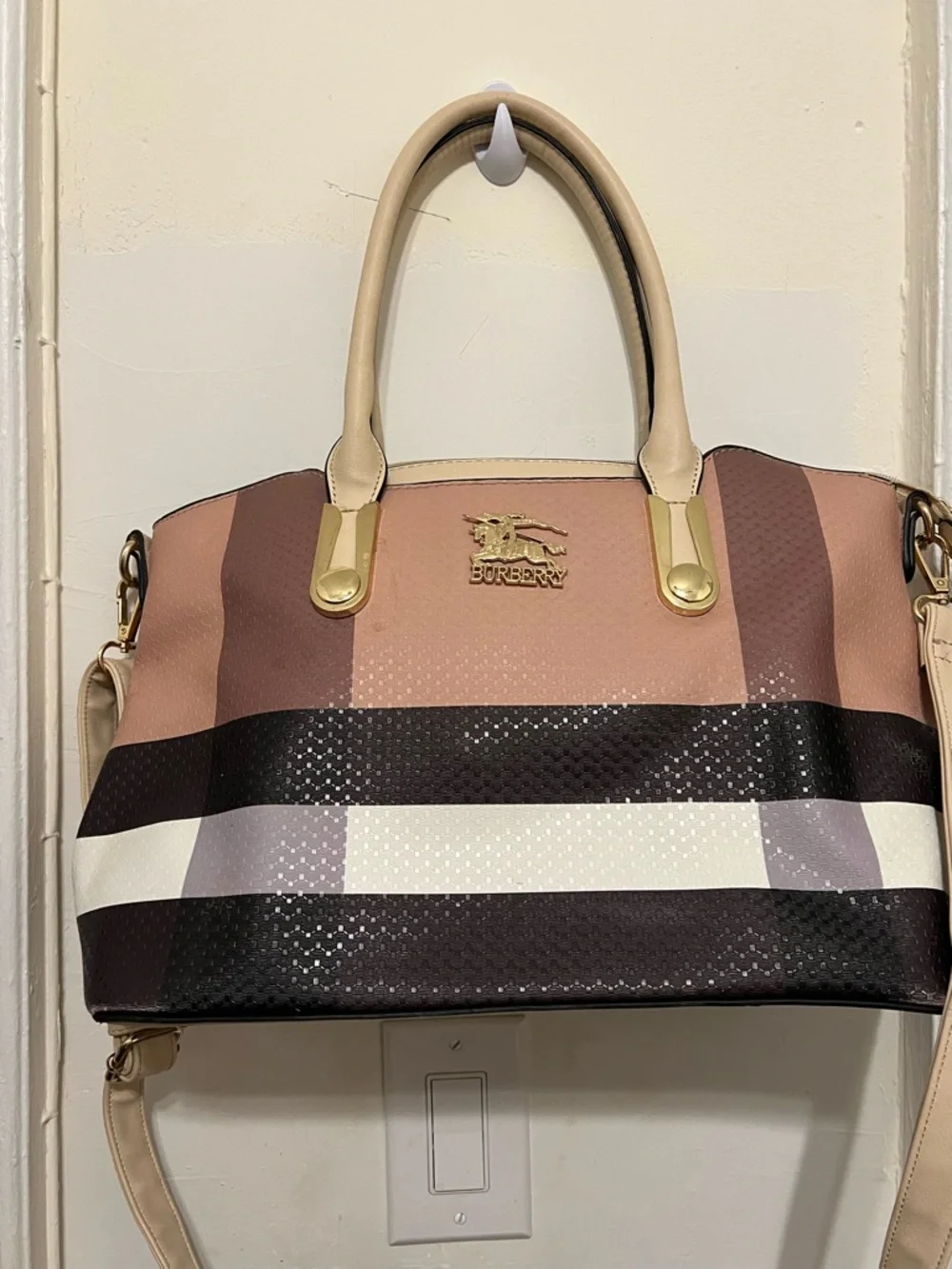 Stunning Beige & Pink Check Top-Handle Tote